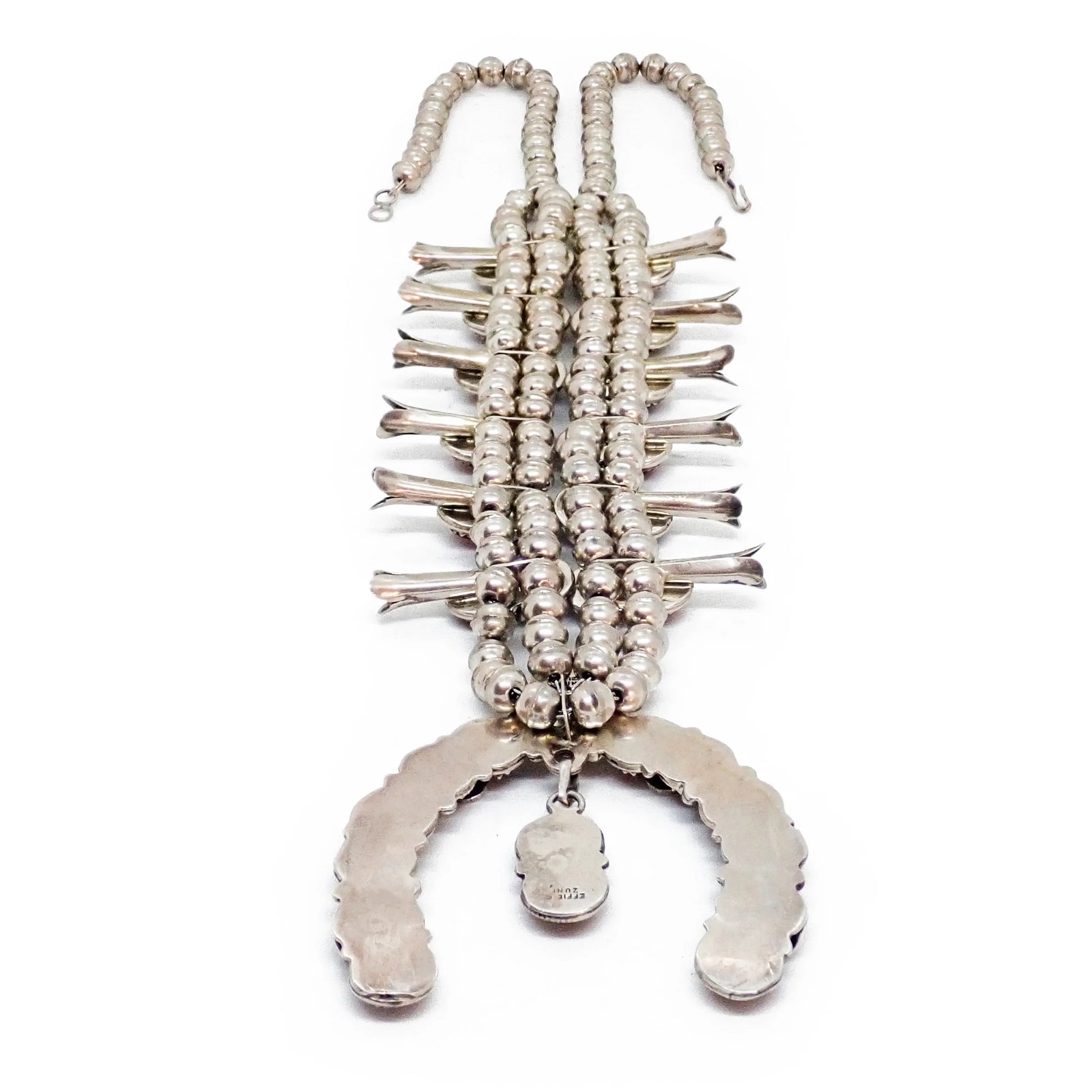 Native American Zuni Coral Cluster Snake Squash Blossom Sterling Silver Necklace by E. CALAVAZA
