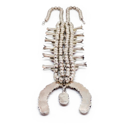 Native American Zuni Coral Cluster Snake Squash Blossom Sterling Silver Necklace by CALAVAZA