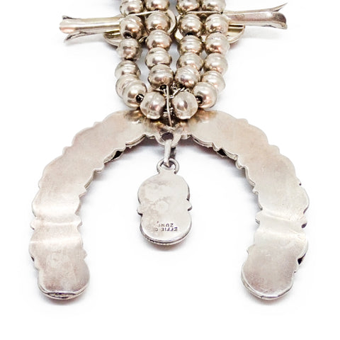 Native American Zuni Coral Cluster Snake Squash Blossom Sterling Silver Necklace by CALAVAZA