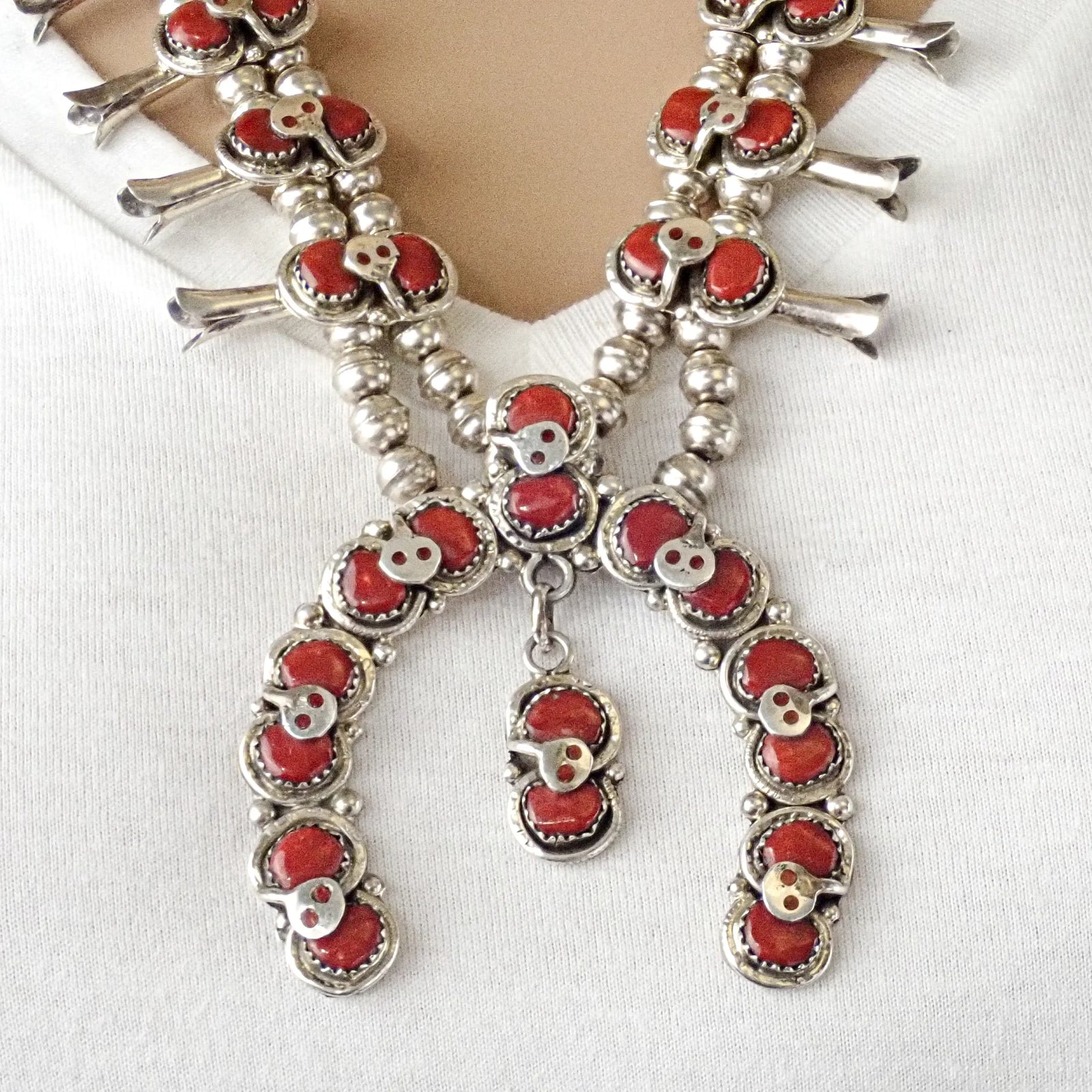Native American Zuni Coral Cluster Snake Squash Blossom Sterling Silver Necklace by E. CALAVAZA