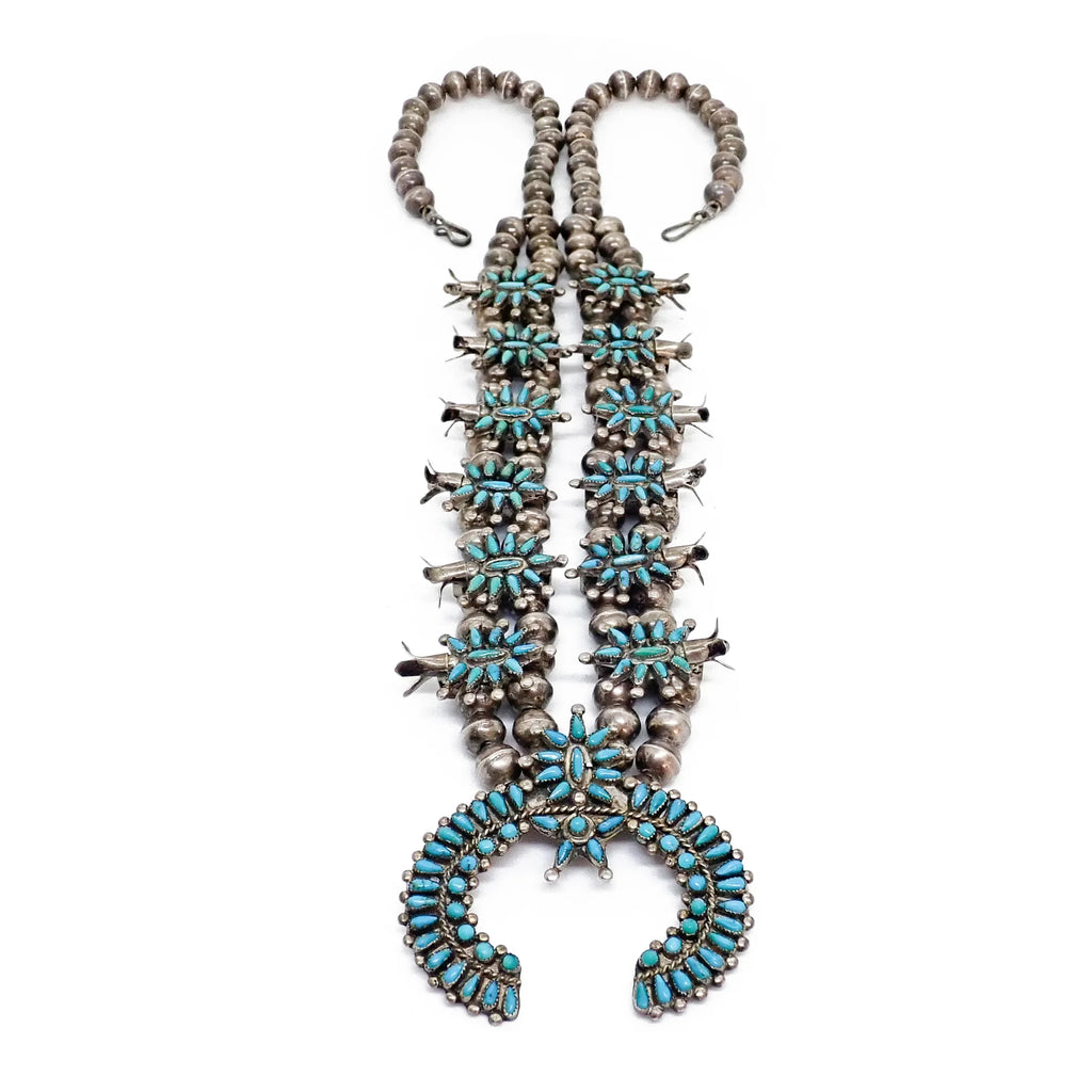 Mid-Century Native American Zuni Turquoise Petit Point Cluster Squash Blossom Sterling Silver Necklace