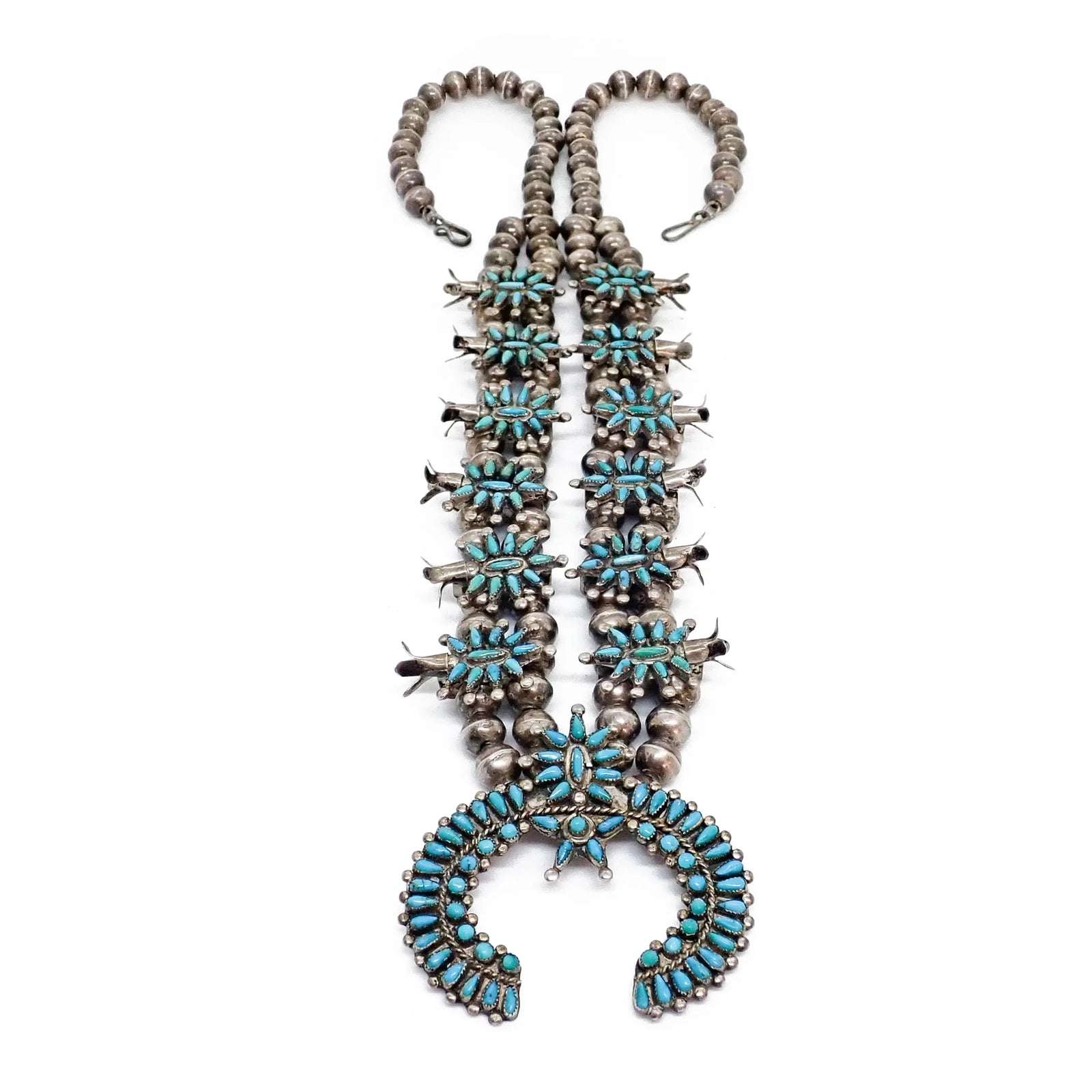 Mid-Century Native American Zuni Turquoise Petit Point Cluster Squash Blossom Sterling Silver Necklace