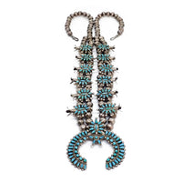 Mid-Century Native American Zuni Turquoise Petit Point Cluster Squash Blossom Sterling Silver Necklace