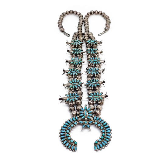 Circa 1960s Native American Zuni Turquoise Petit Point Cluster Squash Blossom Sterling Silver Necklace