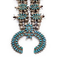 Mid-Century Native American Zuni Turquoise Petit Point Cluster Squash Blossom Sterling Silver Necklace