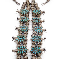 Mid-Century Native American Zuni Turquoise Petit Point Cluster Squash Blossom Sterling Silver Necklace