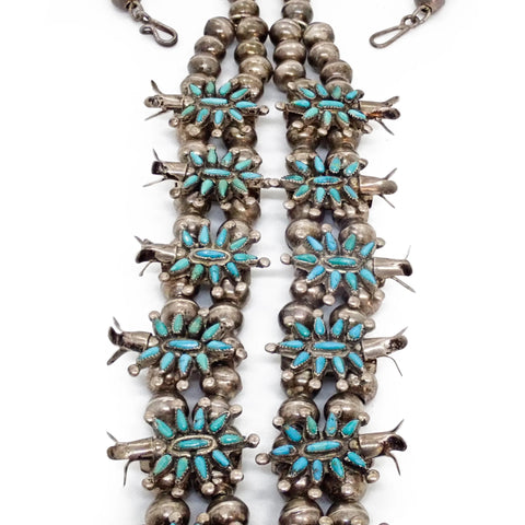 Circa 1960s Native American Zuni Turquoise Petit Point Cluster Squash Blossom Sterling Silver Necklace