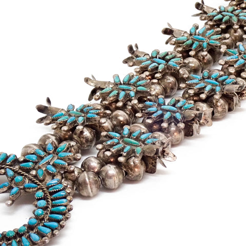 Circa 1960s Native American Zuni Turquoise Petit Point Cluster Squash Blossom Sterling Silver Necklace