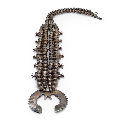 Circa 1960s Native American Zuni Turquoise Petit Point Cluster Squash Blossom Sterling Silver Necklace