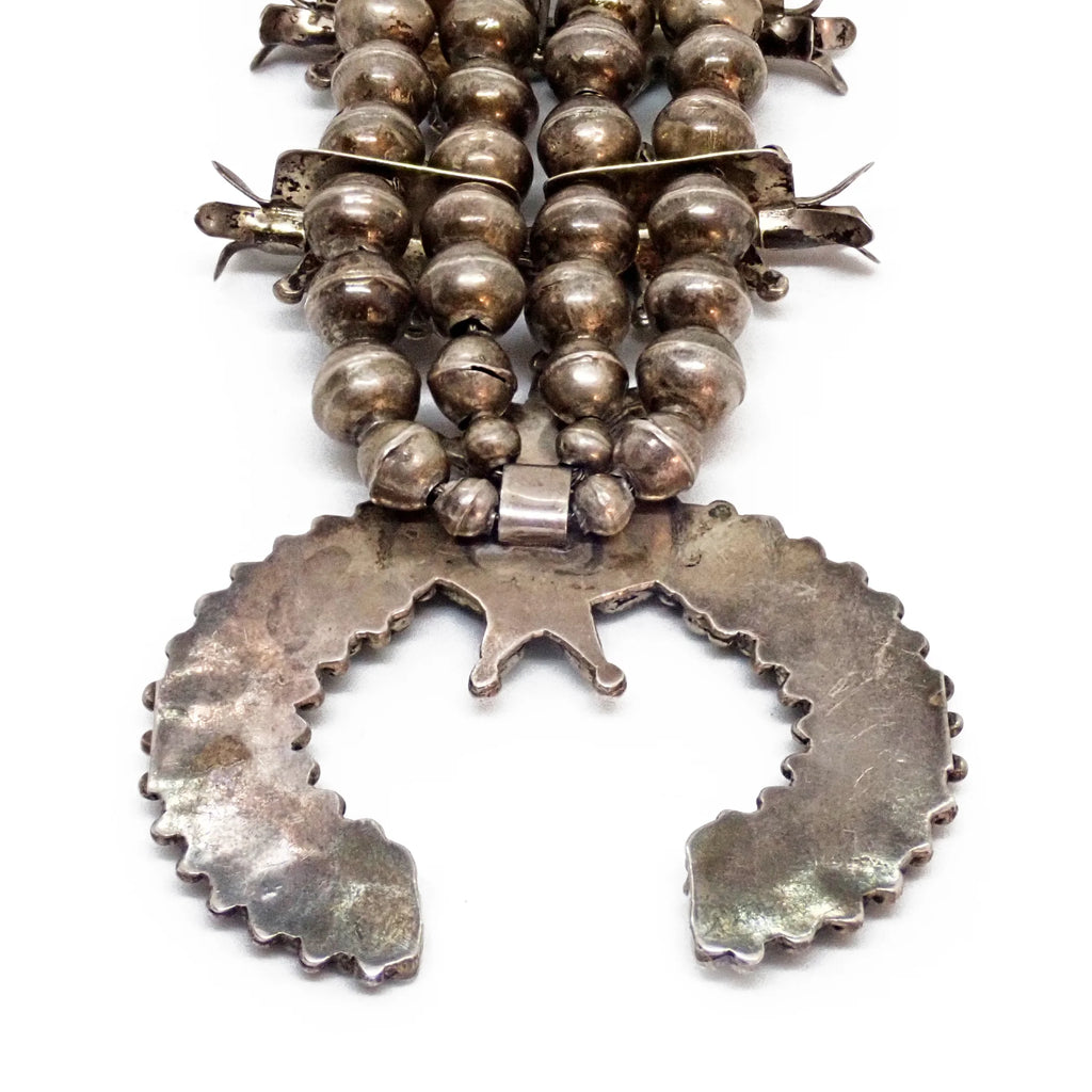 Mid-Century Native American Zuni Turquoise Petit Point Cluster Squash Blossom Sterling Silver Necklace