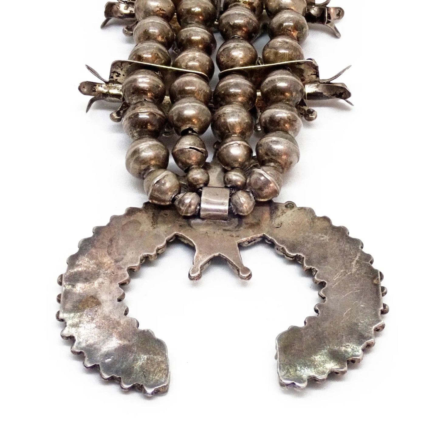 Mid-Century Native American Zuni Turquoise Petit Point Cluster Squash Blossom Sterling Silver Necklace