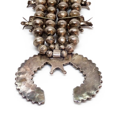 Circa 1960s Native American Zuni Turquoise Petit Point Cluster Squash Blossom Sterling Silver Necklace