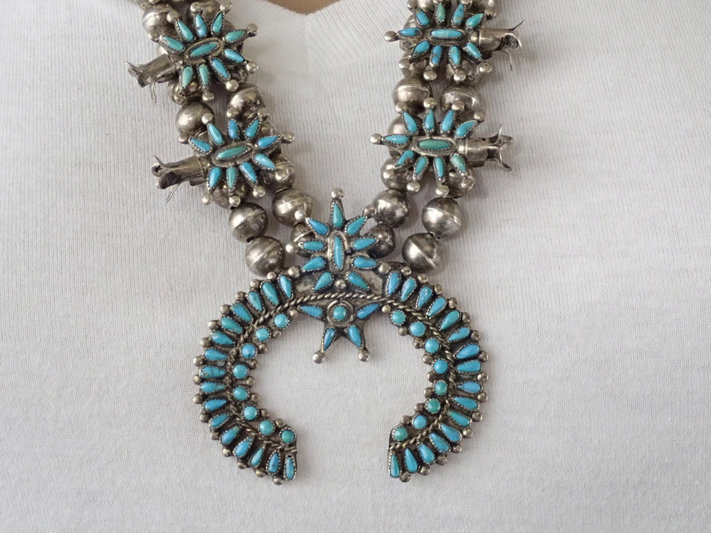 Mid-Century Native American Zuni Turquoise Petit Point Cluster Squash Blossom Sterling Silver Necklace