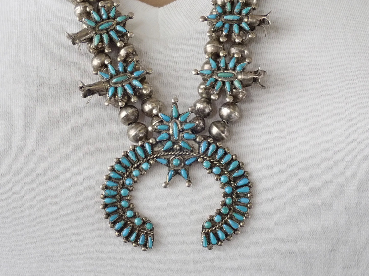 Mid-Century Native American Zuni Turquoise Petit Point Cluster Squash Blossom Sterling Silver Necklace