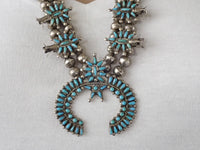 Mid-Century Native American Zuni Turquoise Petit Point Cluster Squash Blossom Sterling Silver Necklace