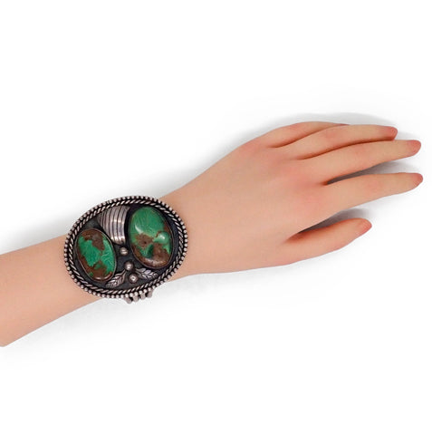 1970's Native American Navajo Turquoise Squash Blossom Sterling Silver Necklace & Bracelet Set by HARRISON