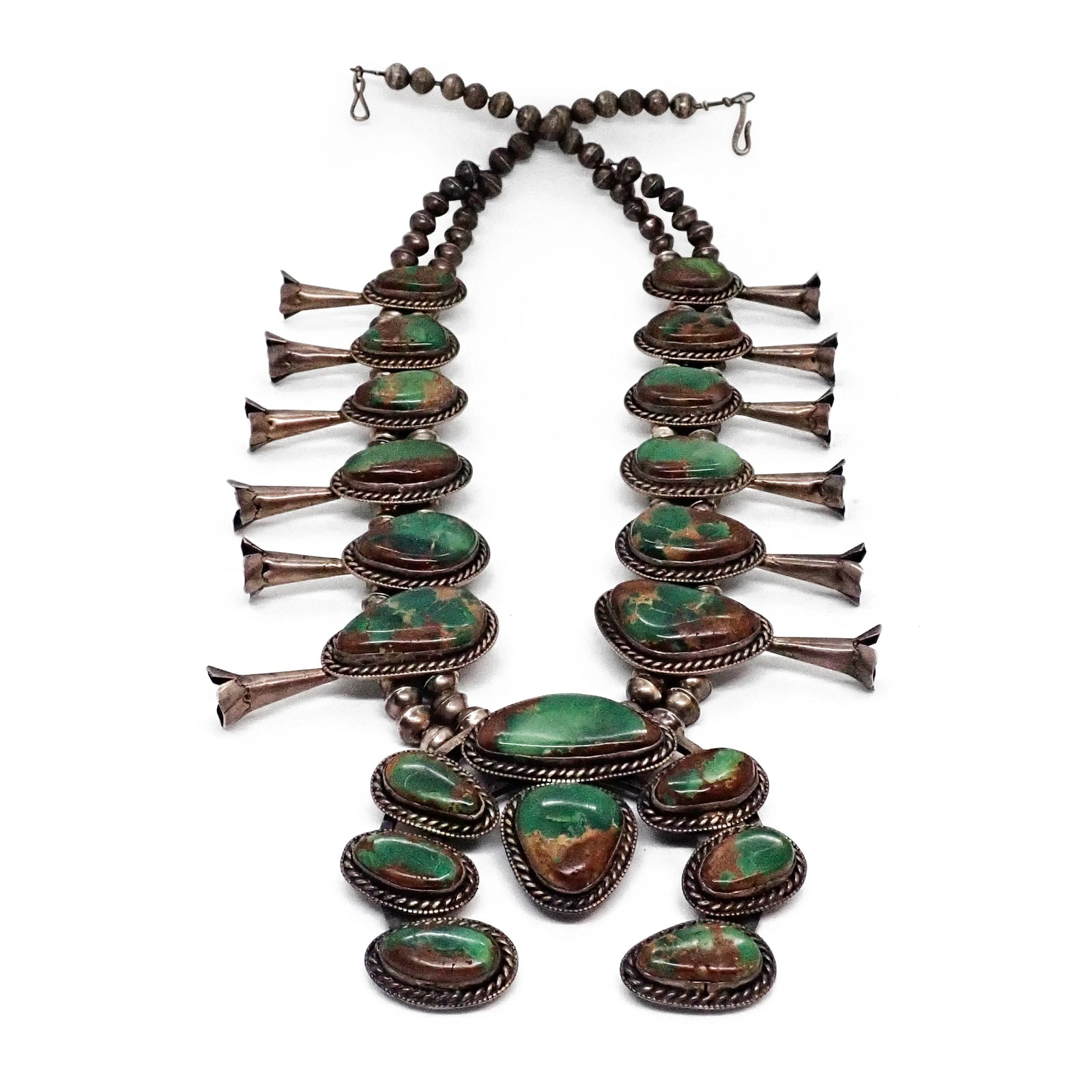 1970s Emerald Green Turquoise Squash Blossom Sterling Silver Necklace & Bracelet Set by Navajo Artist D. HARRISON