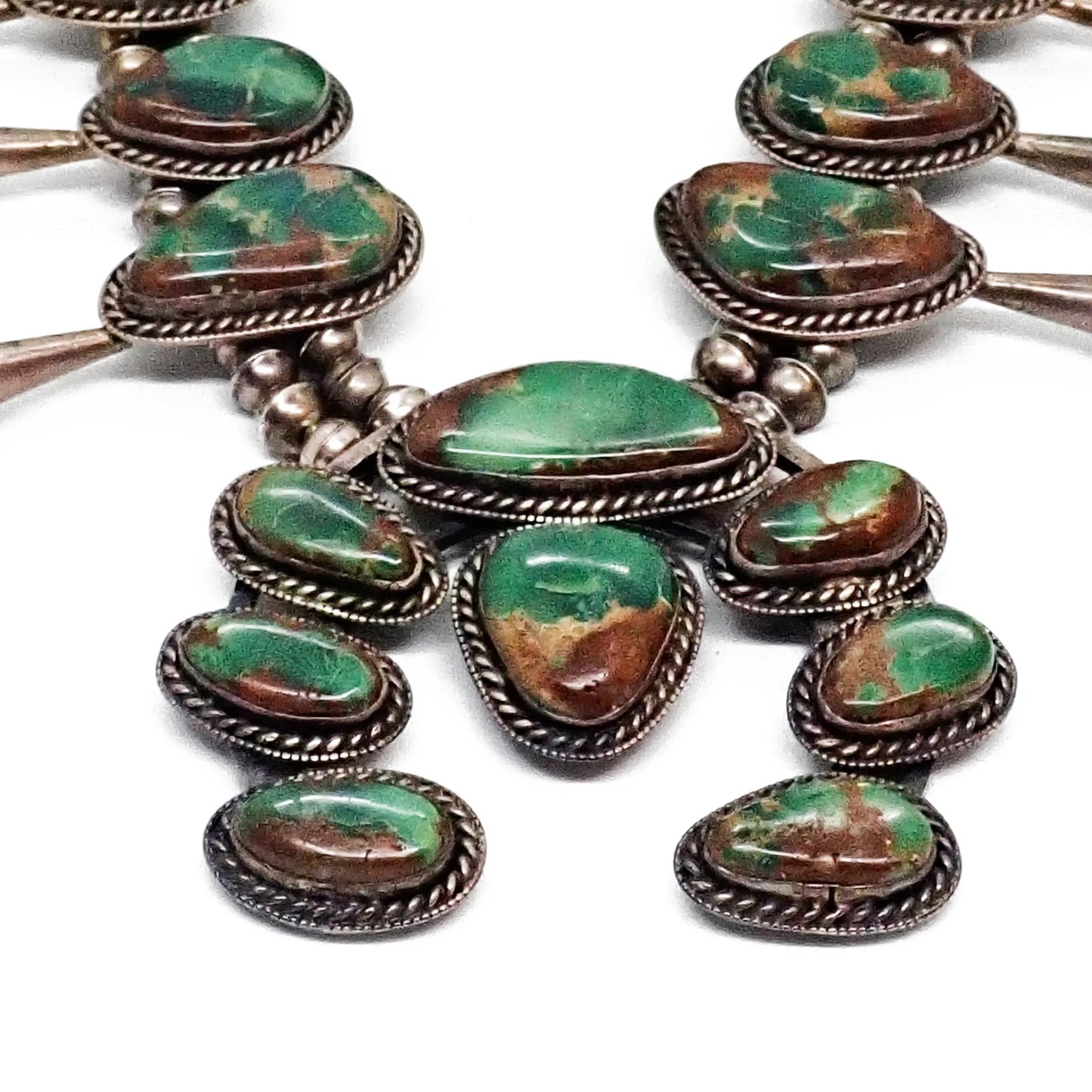 1970s Emerald Green Turquoise Squash Blossom Sterling Silver Necklace & Bracelet Set by Navajo Artist D. HARRISON