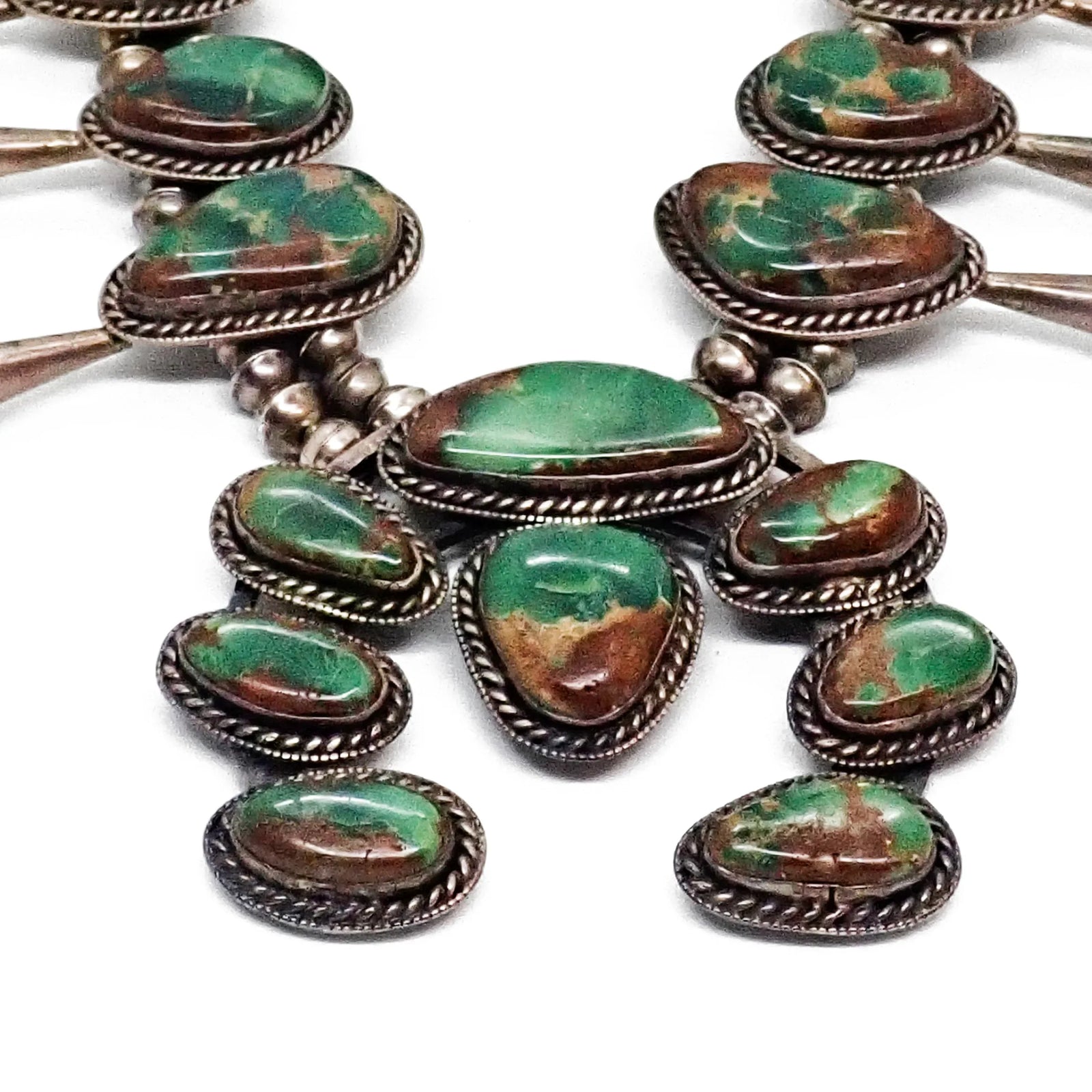 1970s Emerald Green Turquoise Squash Blossom Sterling Silver Necklace & Bracelet Set by Navajo Artist D. HARRISON