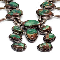 1970s Emerald Green Turquoise Squash Blossom Sterling Silver Necklace & Bracelet Set by Navajo Artist D. HARRISON