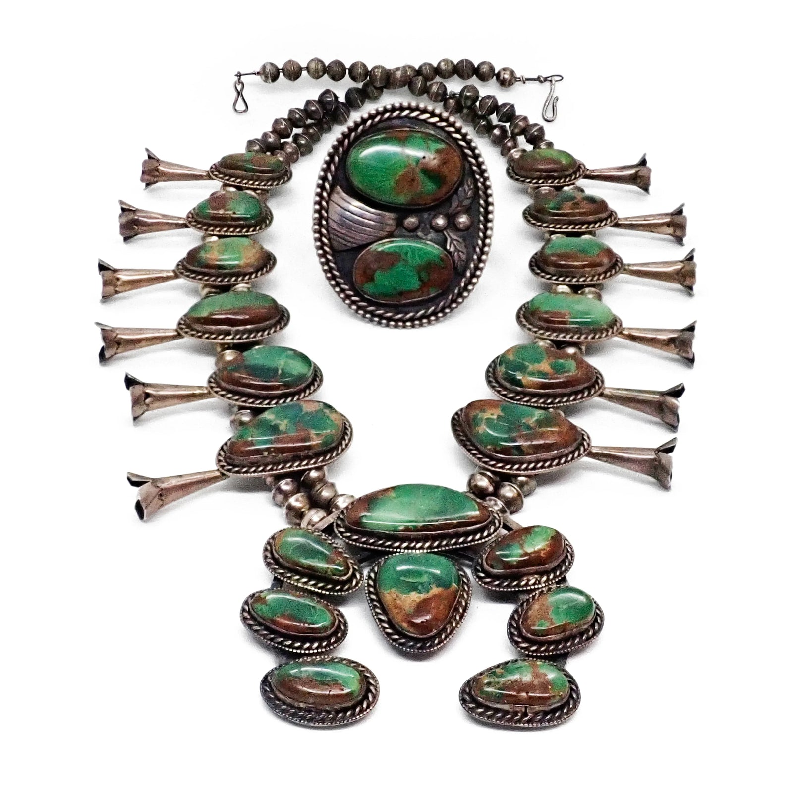 1970s Emerald Green Turquoise Squash Blossom Sterling Silver Necklace & Bracelet Set by Navajo Artist D. HARRISON