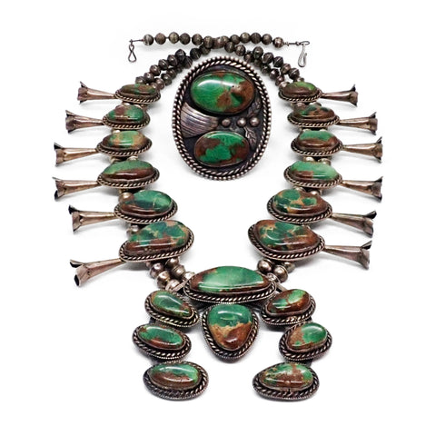 1970's Native American Navajo Turquoise Squash Blossom Sterling Silver Necklace & Bracelet Set by HARRISON