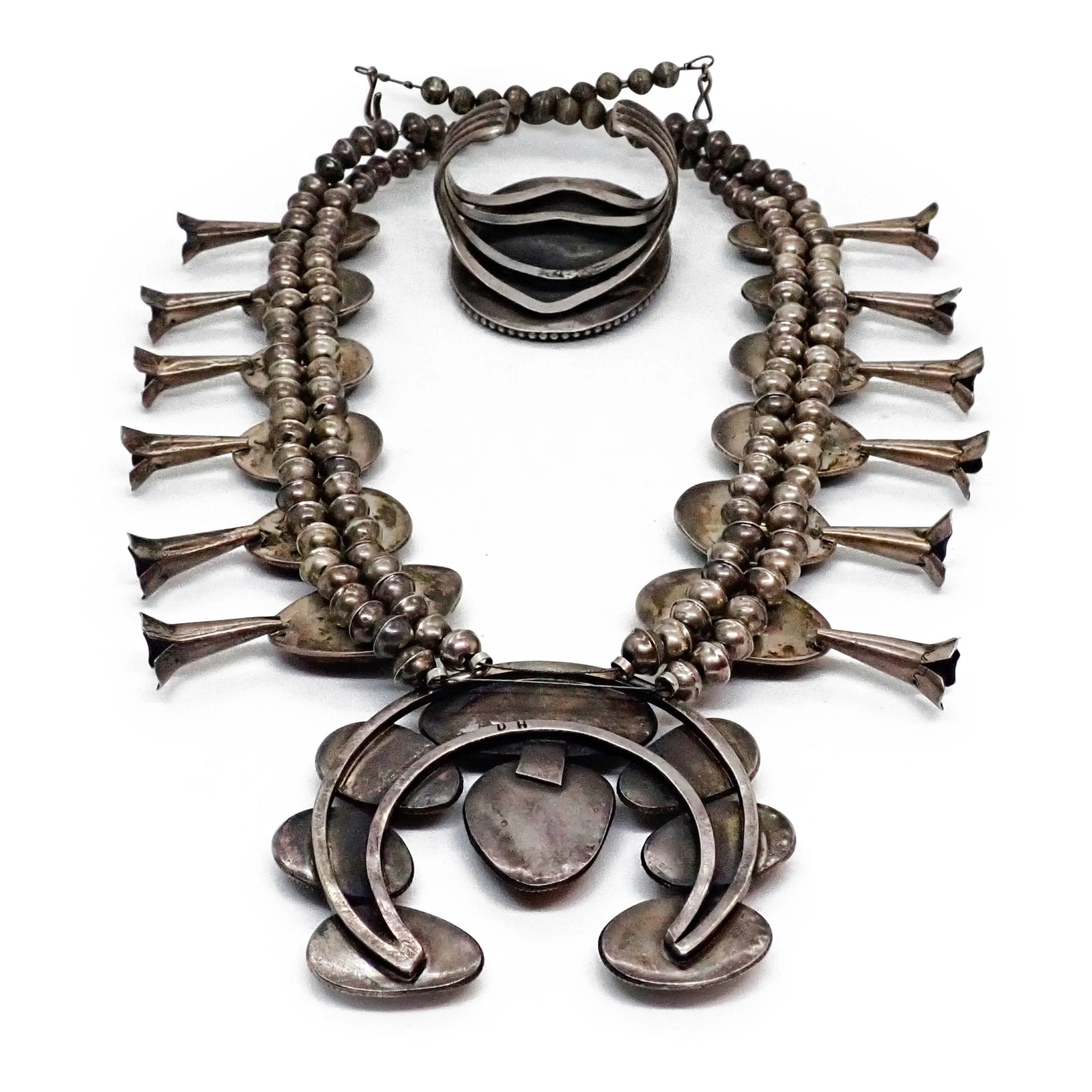 1970s Emerald Green Turquoise Squash Blossom Sterling Silver Necklace & Bracelet Set by Navajo Artist D. HARRISON