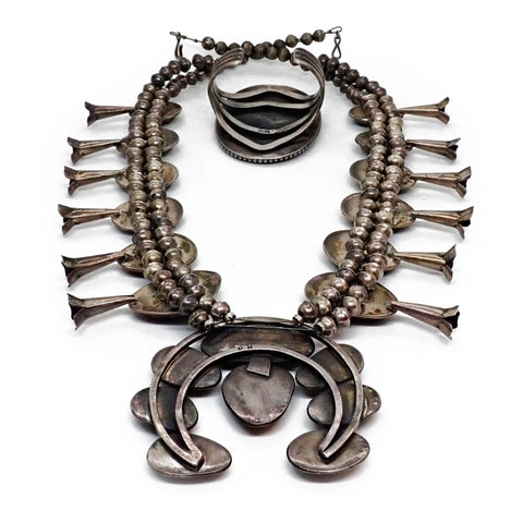 1970's Native American Navajo Turquoise Squash Blossom Sterling Silver Necklace & Bracelet Set by HARRISON