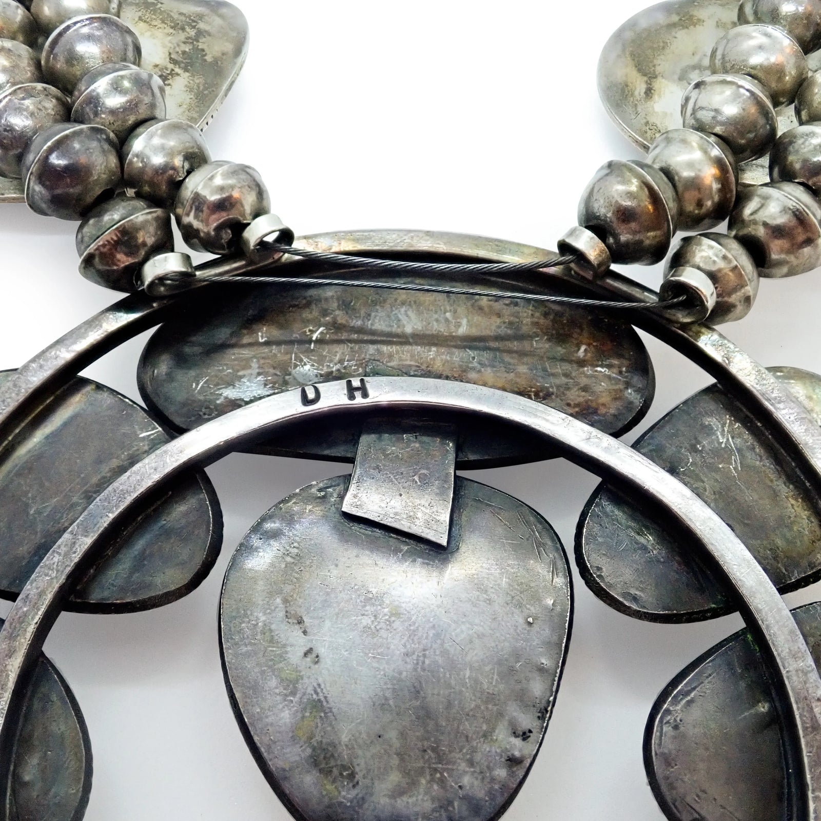 1970s Emerald Green Turquoise Squash Blossom Sterling Silver Necklace & Bracelet Set by Navajo Artist D. HARRISON