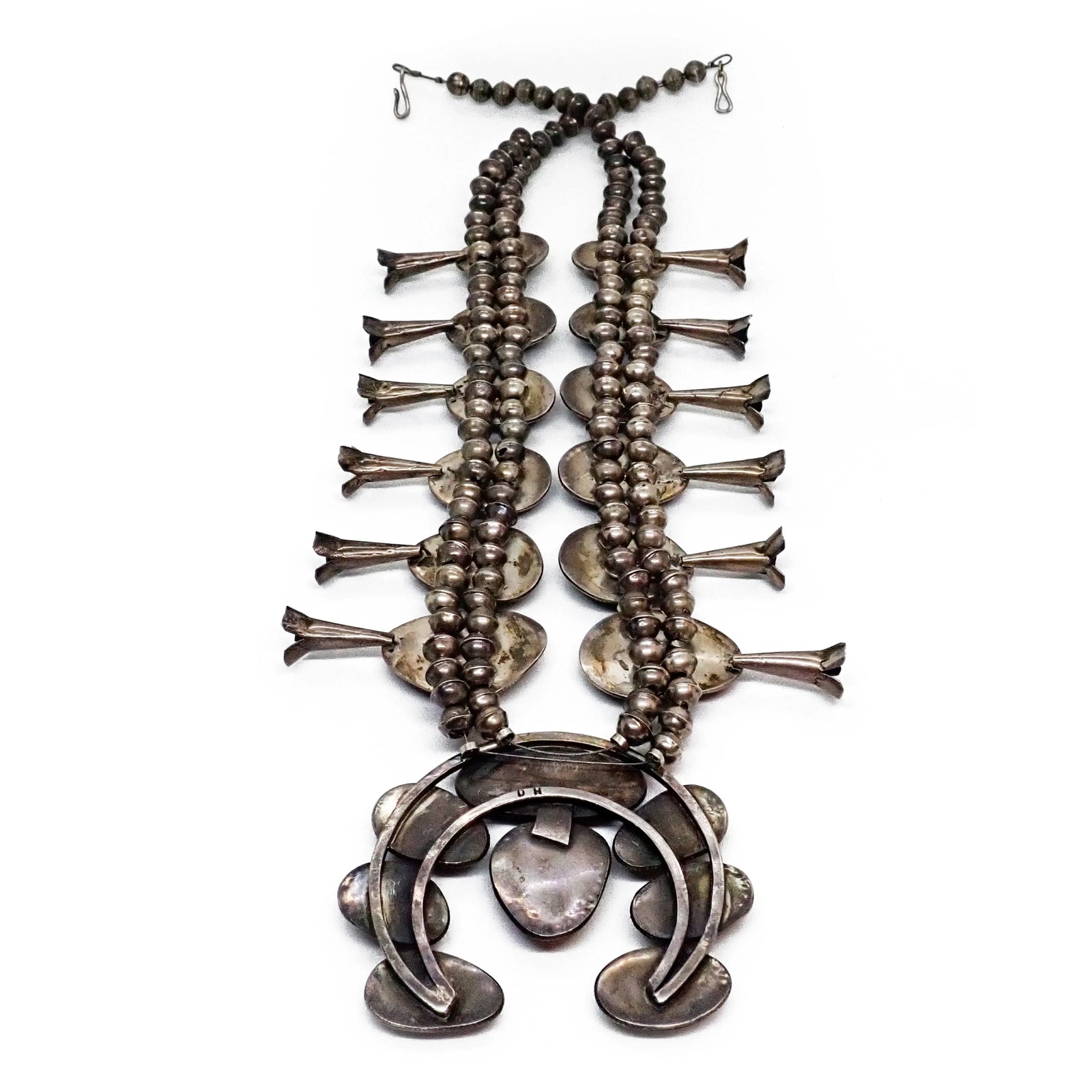 1970s Emerald Green Turquoise Squash Blossom Sterling Silver Necklace & Bracelet Set by Navajo Artist D. HARRISON