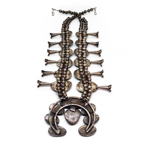 1970's Native American Navajo Turquoise Squash Blossom Sterling Silver Necklace & Bracelet Set by HARRISON