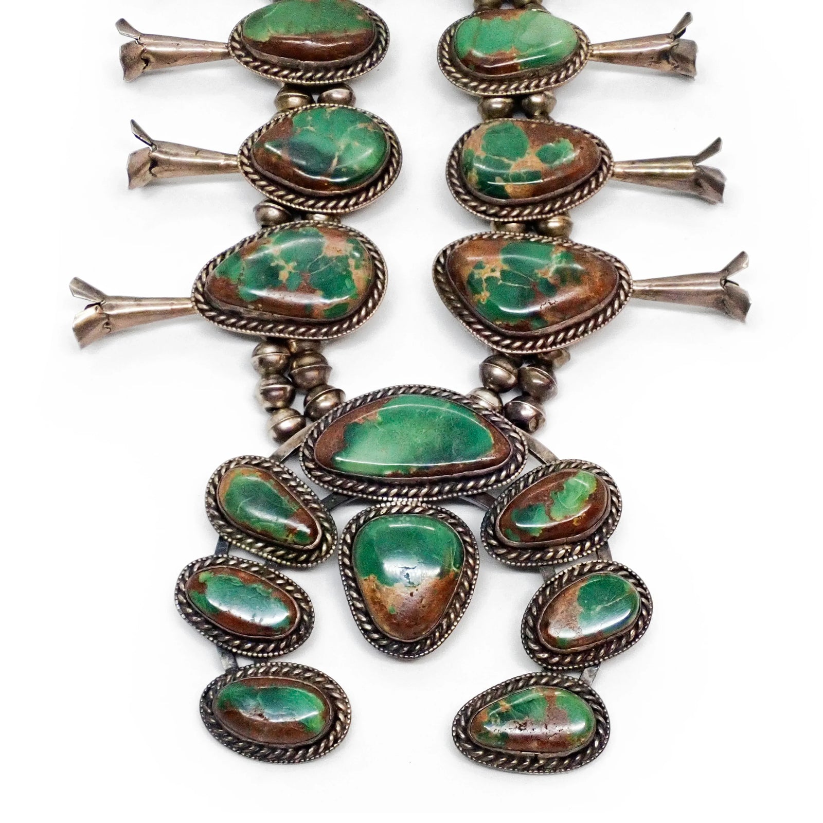 1970s Emerald Green Turquoise Squash Blossom Sterling Silver Necklace & Bracelet Set by Navajo Artist D. HARRISON