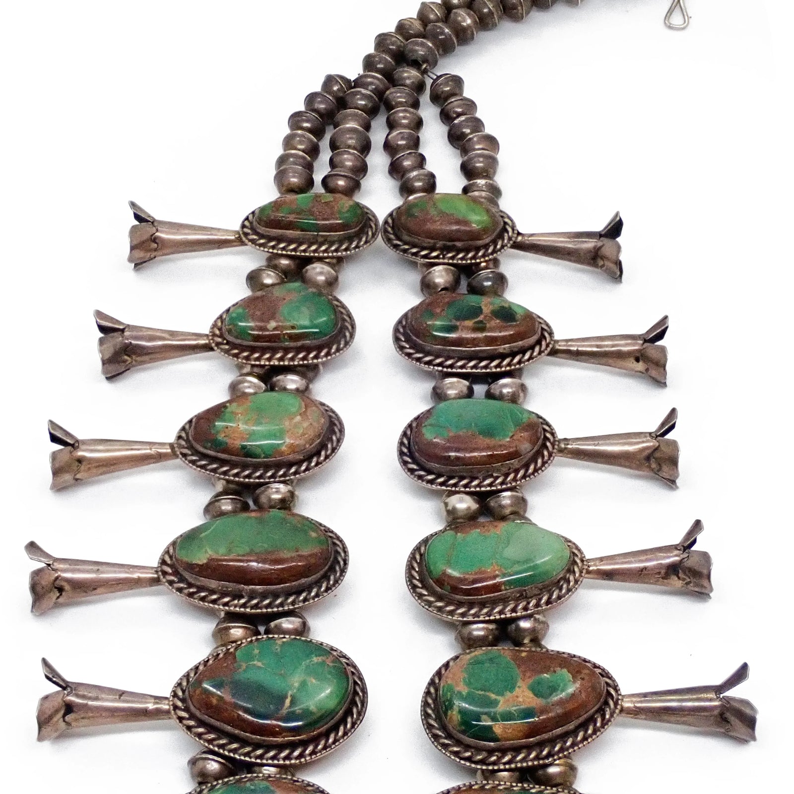 1970s Emerald Green Turquoise Squash Blossom Sterling Silver Necklace & Bracelet Set by Navajo Artist D. HARRISON