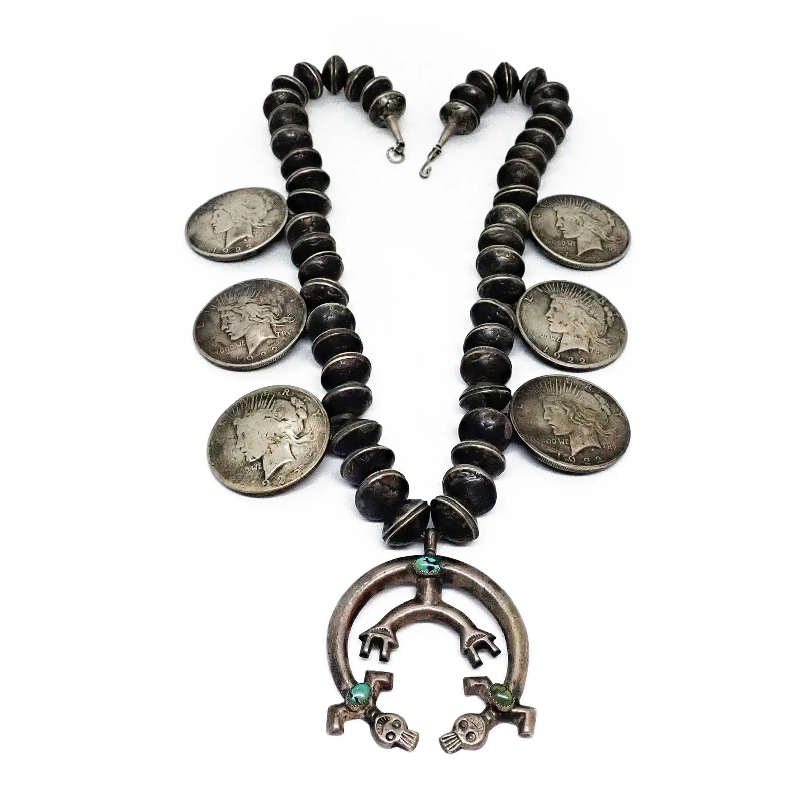 1960s-70s Native American Navajo Yei Naja & Peace Silver Dollar Coins Mercury Dime Bead Squash Blossom Necklace