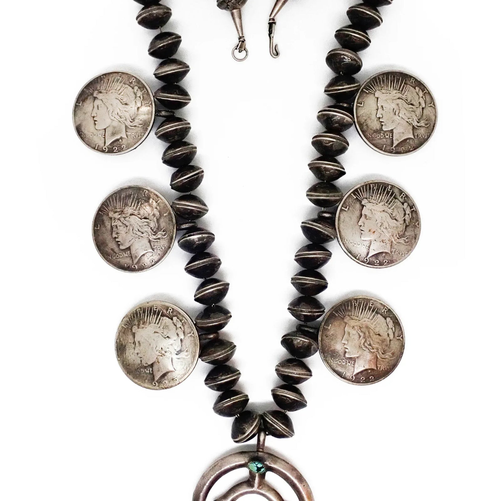 1960s-70s Native American Navajo Yei Naja & Peace Silver Dollar Coins Mercury Dime Bead Squash Blossom Necklace