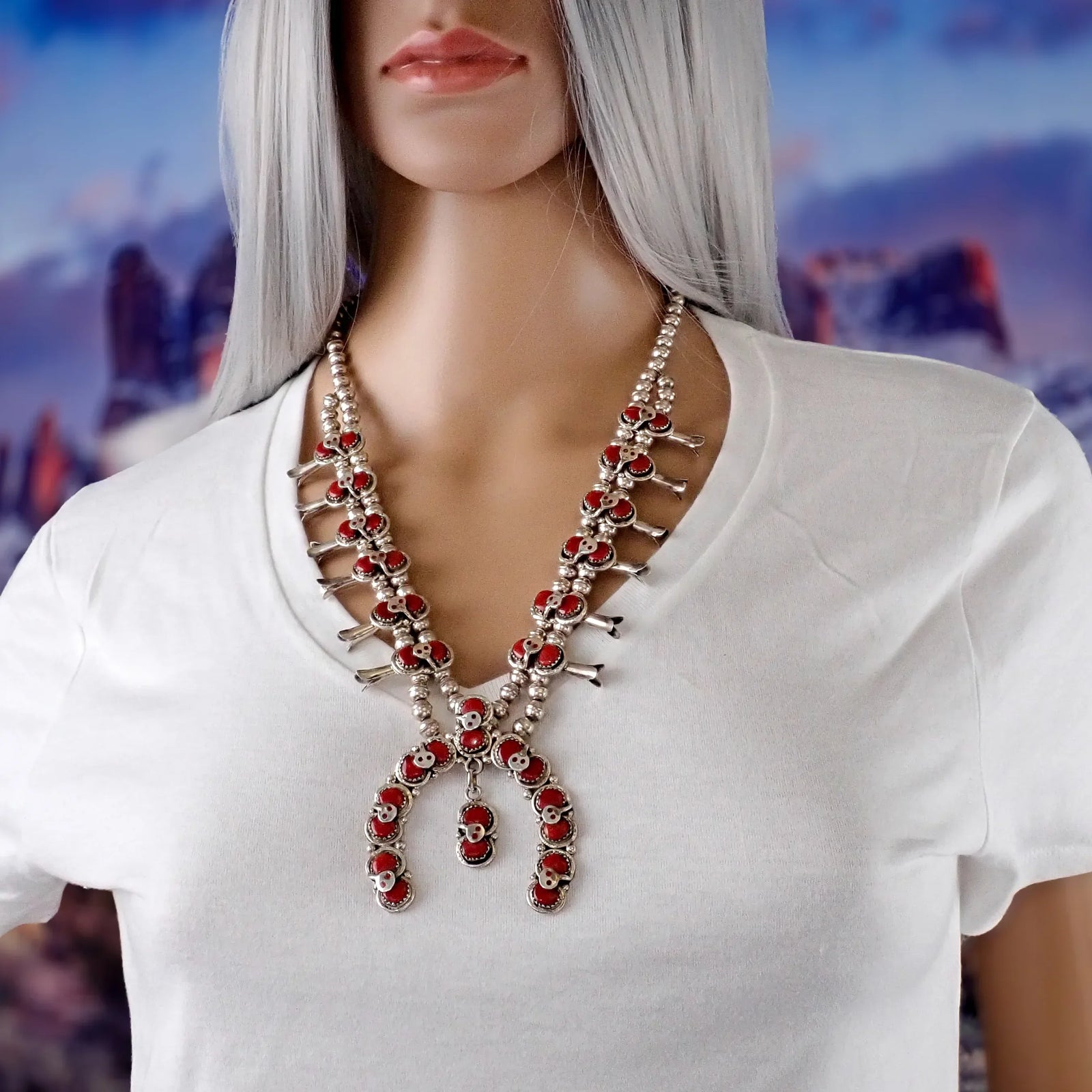 Native American Zuni Coral Cluster Snake Squash Blossom Sterling Silver Necklace by E. CALAVAZA