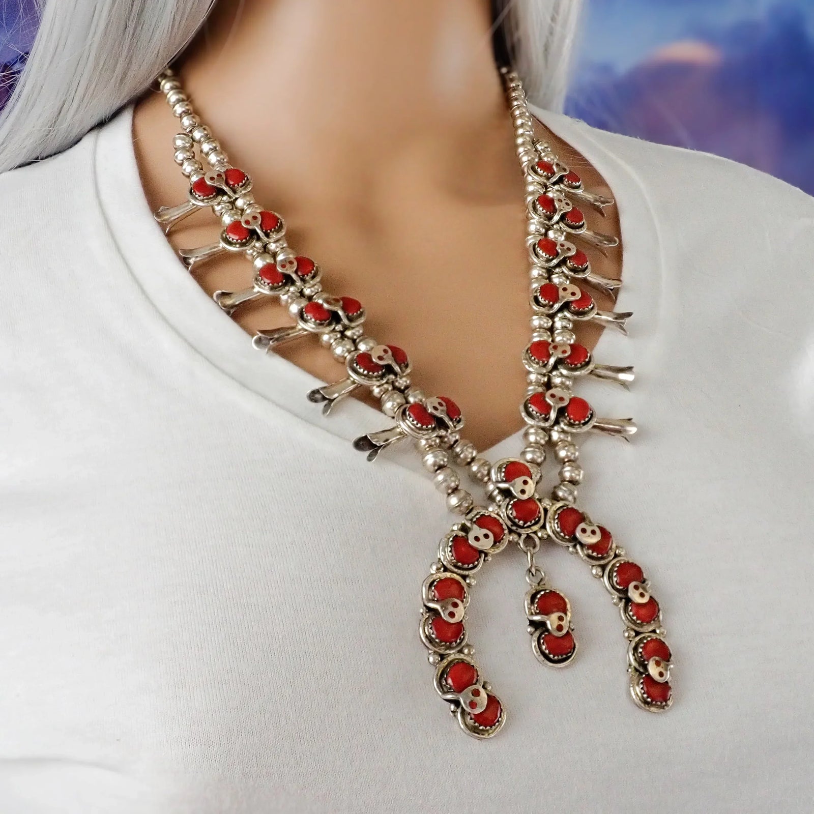 Native American Zuni Coral Cluster Snake Squash Blossom Sterling Silver Necklace by E. CALAVAZA