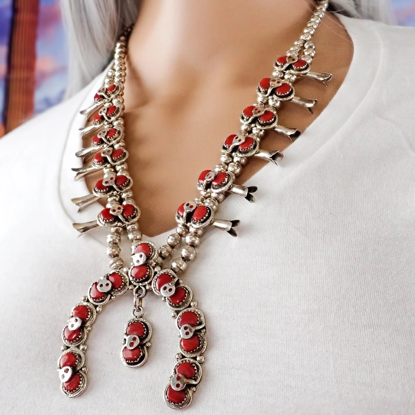 Native American Zuni Coral Cluster Snake Squash Blossom Sterling Silver Necklace by E. CALAVAZA