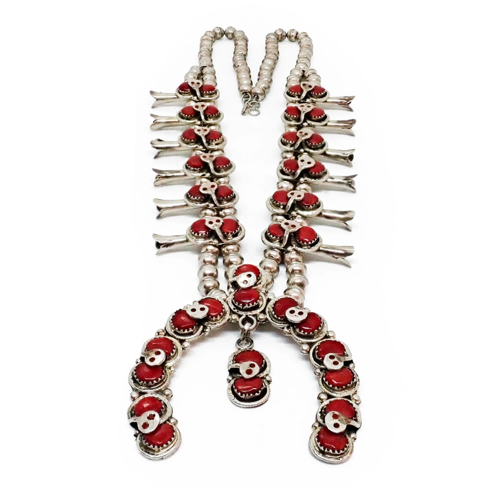 Native American Zuni Coral Cluster Snake Squash Blossom Sterling Silver Necklace by E. CALAVAZA
