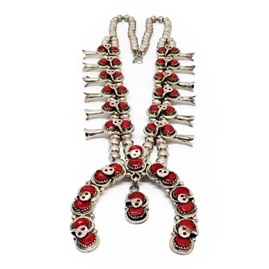Native American Zuni Coral Cluster Snake Squash Blossom Sterling Silver Necklace by CALAVAZA
