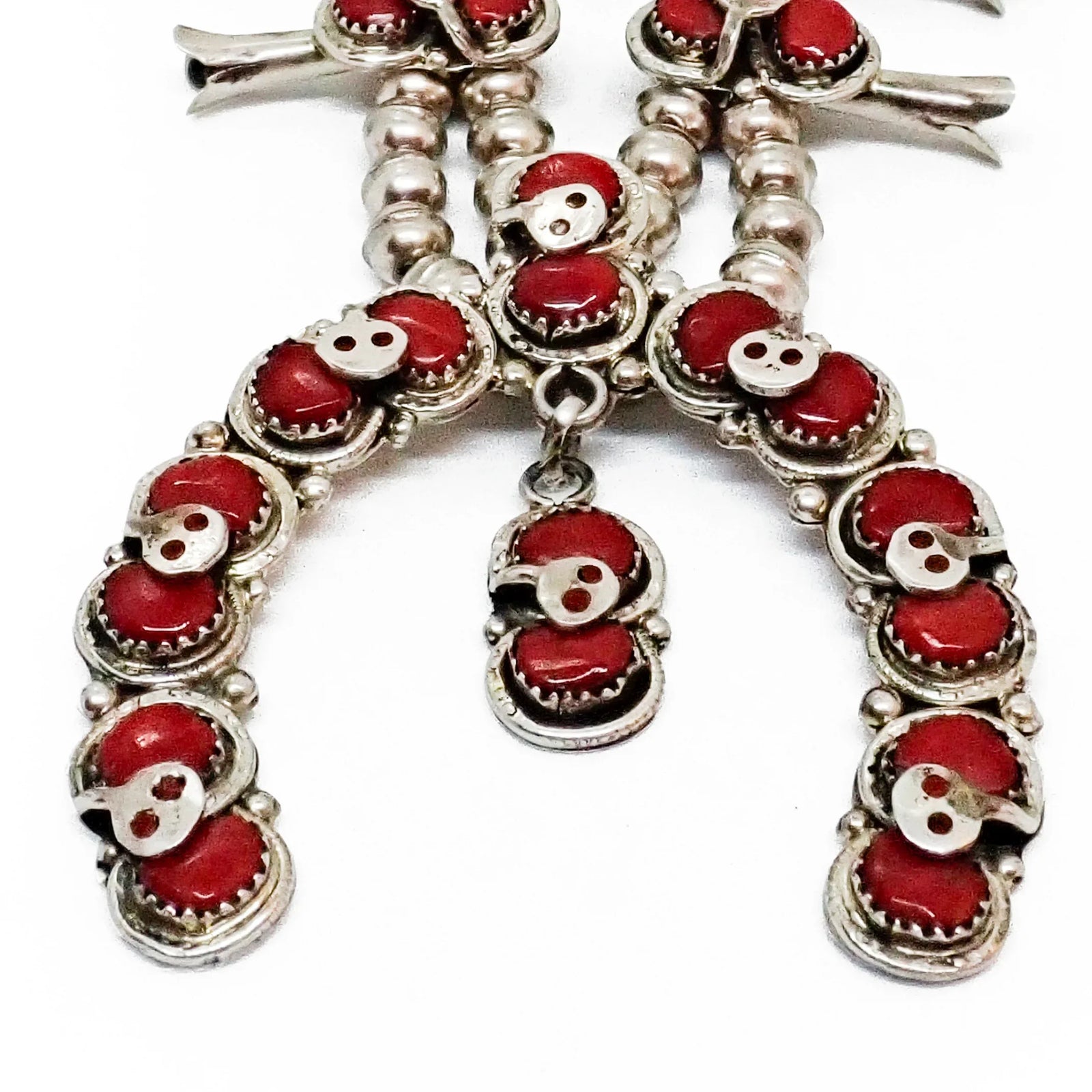 Native American Zuni Coral Cluster Snake Squash Blossom Sterling Silver Necklace by E. CALAVAZA