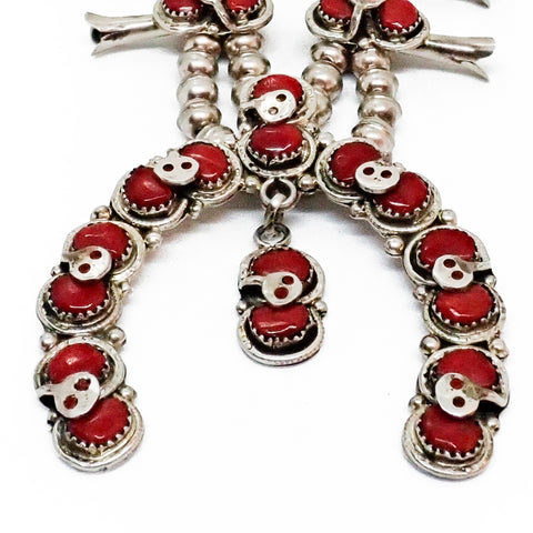 Native American Zuni Coral Cluster Snake Squash Blossom Sterling Silver Necklace by CALAVAZA