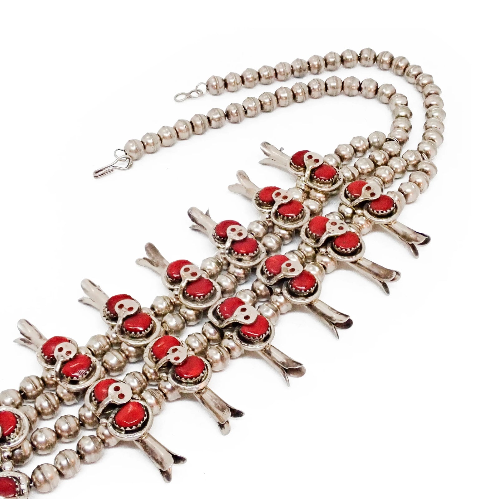 Native American Zuni Coral Cluster Snake Squash Blossom Sterling Silver Necklace by E. CALAVAZA