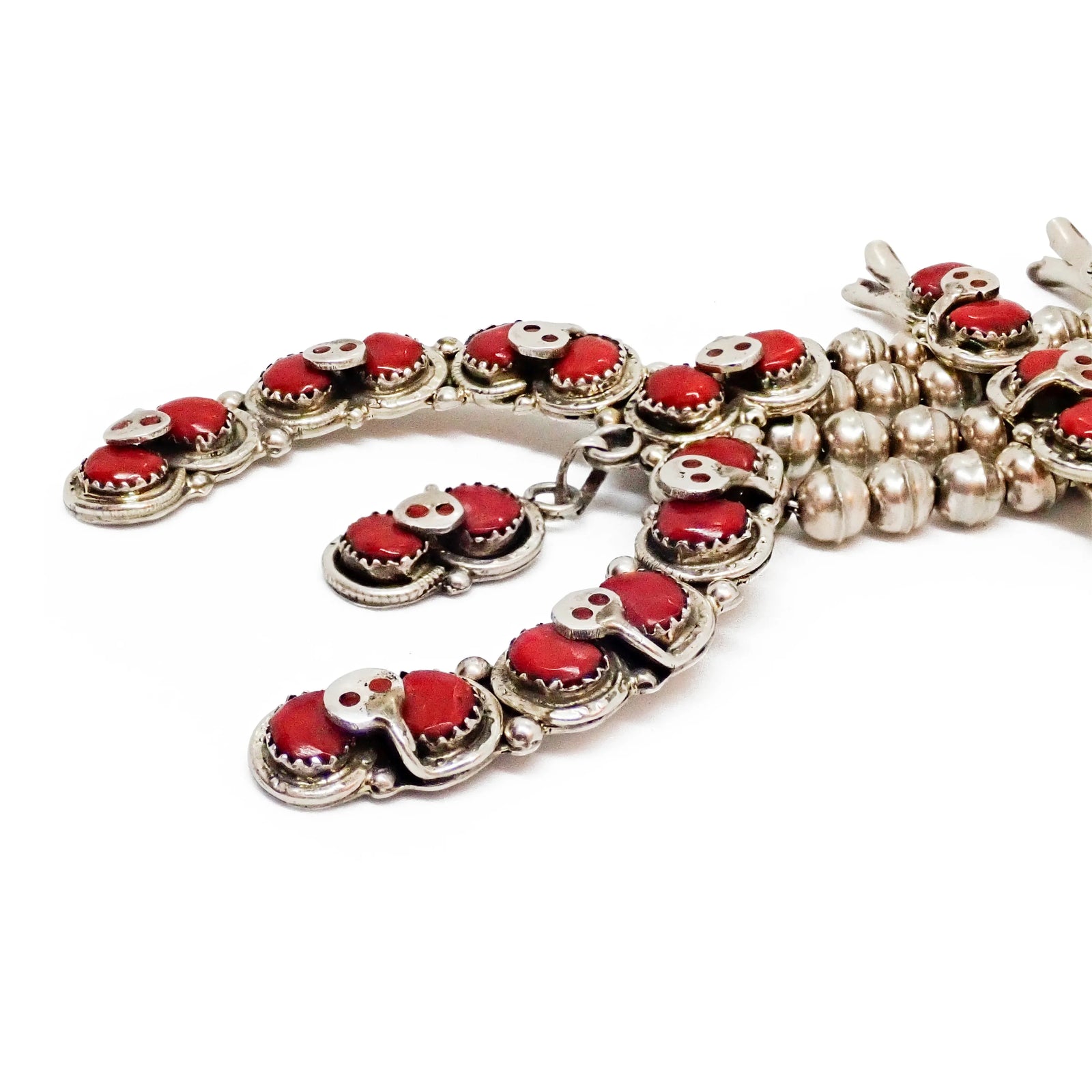 Native American Zuni Coral Cluster Snake Squash Blossom Sterling Silver Necklace by E. CALAVAZA