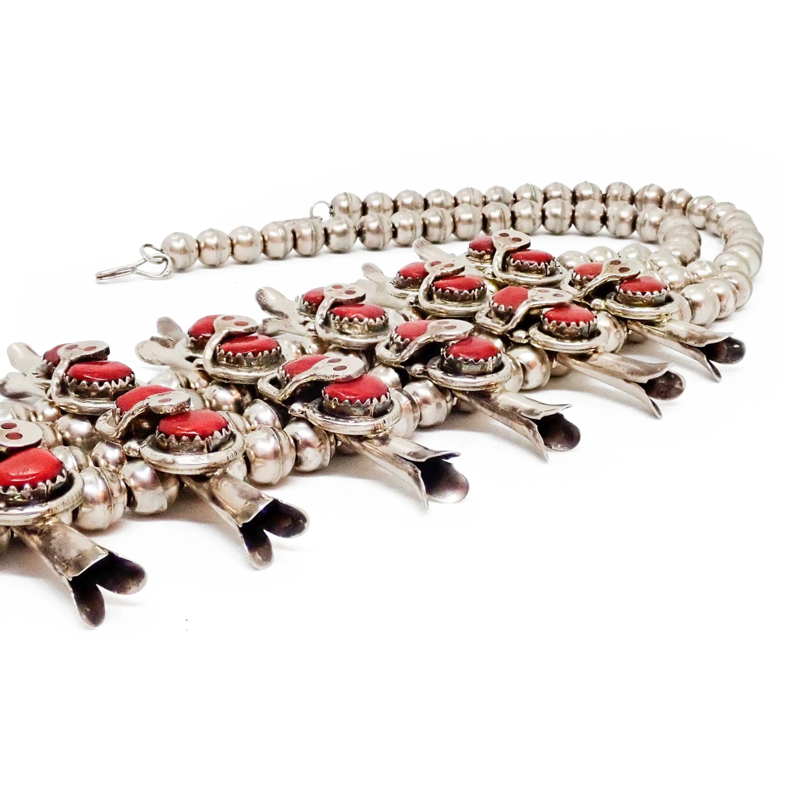 Native American Zuni Coral Cluster Snake Squash Blossom Sterling Silver Necklace by E. CALAVAZA