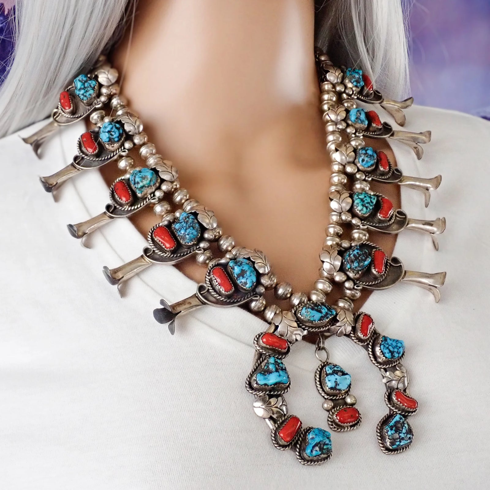 Native American Navajo Blue Seafoam Turquoise & Coral Squash Blossom Sterling Silver Necklace SIGNED