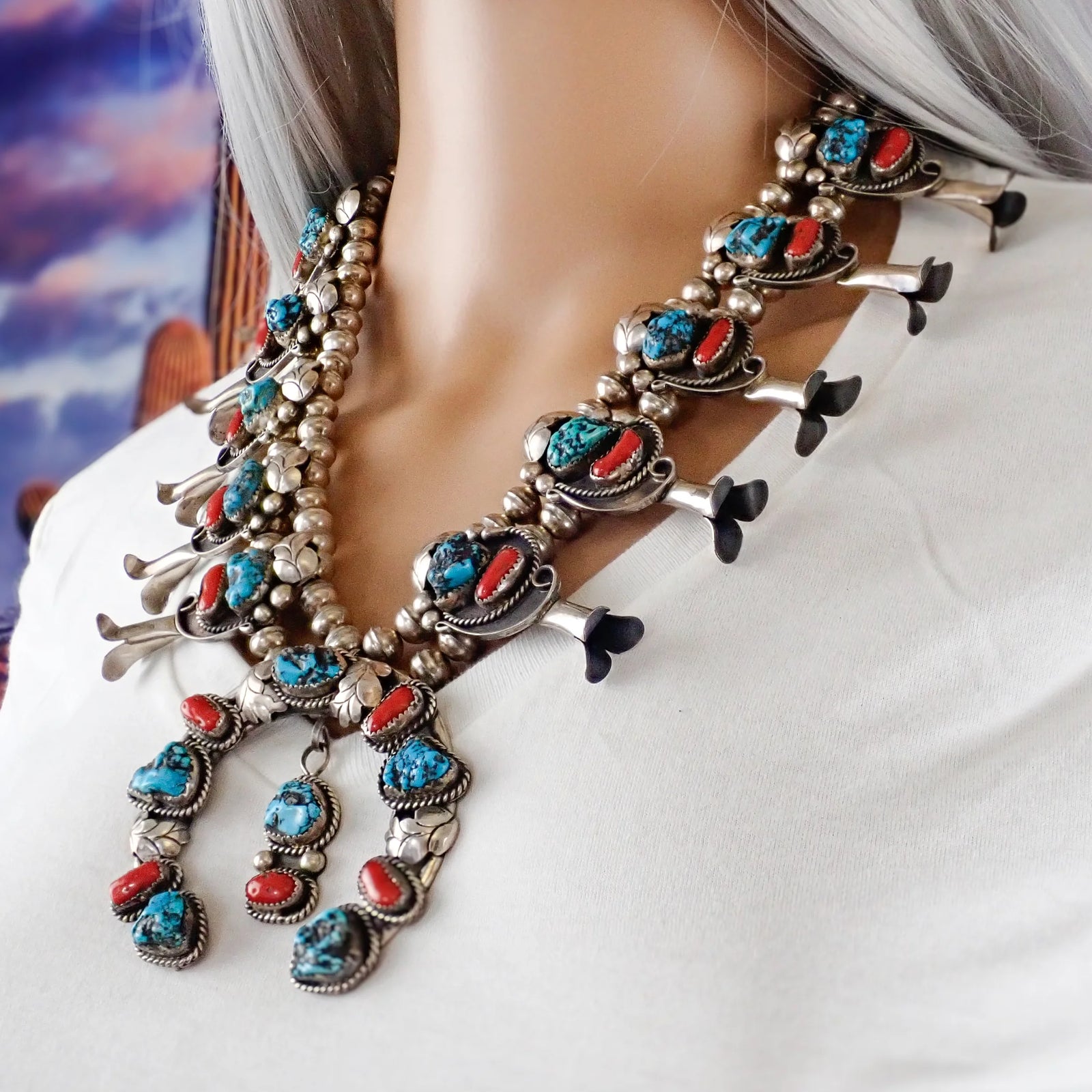 Native American Navajo Blue Seafoam Turquoise & Coral Squash Blossom Sterling Silver Necklace SIGNED