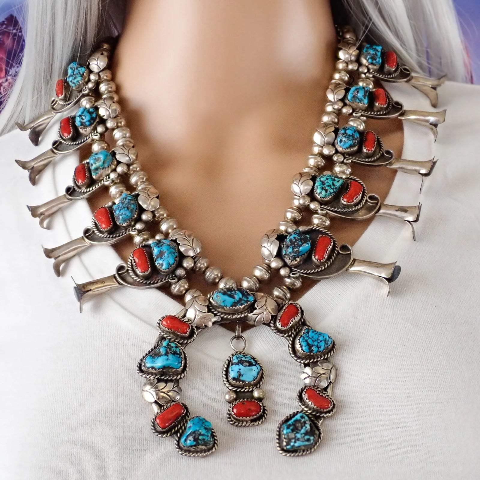 Native American Navajo Blue Seafoam Turquoise & Coral Squash Blossom Sterling Silver Necklace SIGNED