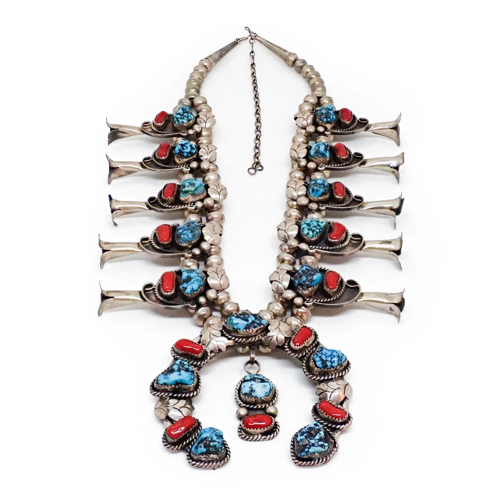 Native American Navajo Blue Seafoam Turquoise & Coral Squash Blossom Sterling Silver Necklace SIGNED