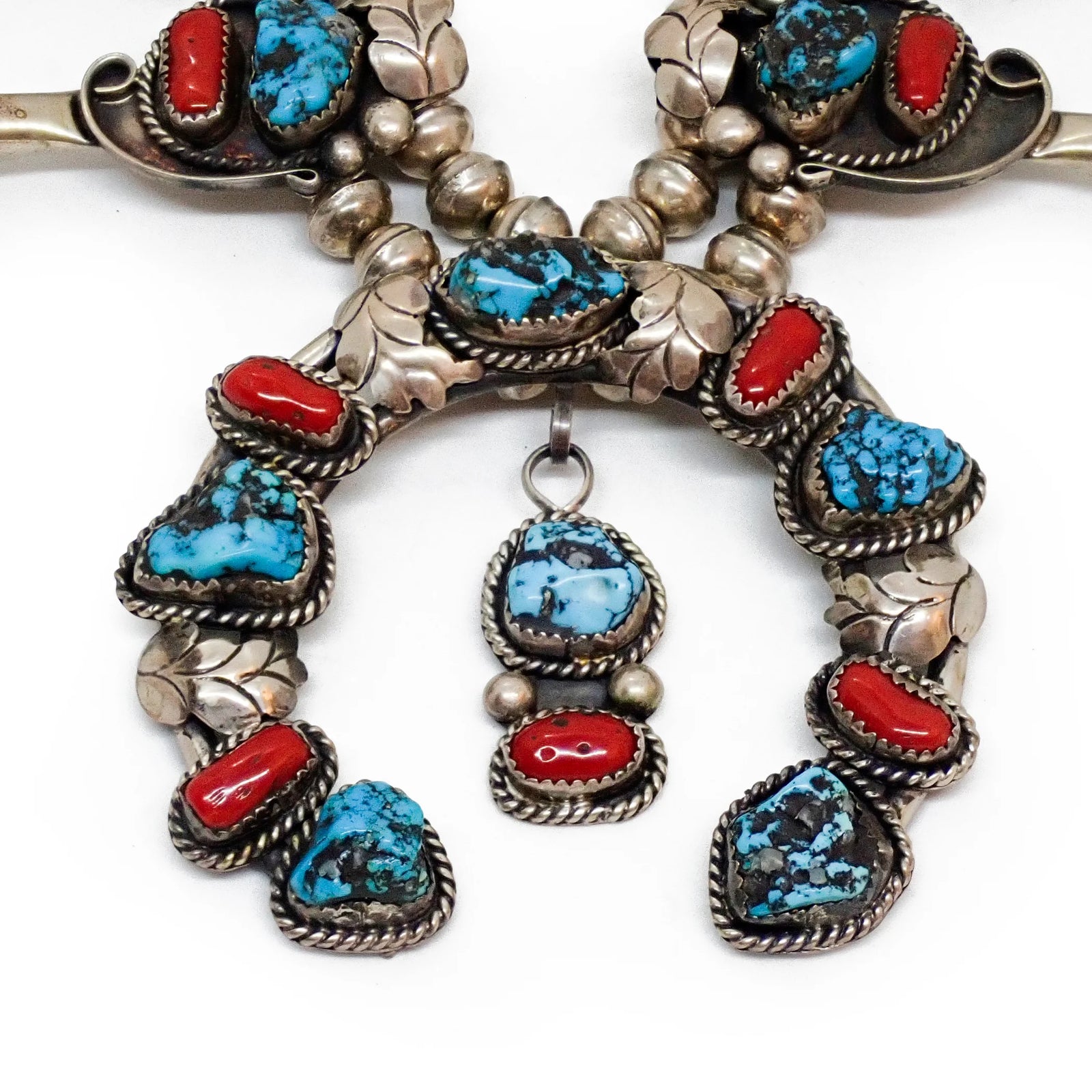 Native American Navajo Blue Seafoam Turquoise & Coral Squash Blossom Sterling Silver Necklace SIGNED